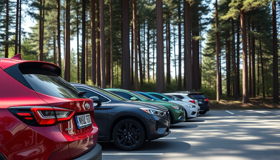 Row of parked cars in forest; focus on red car. Jobless Claims.