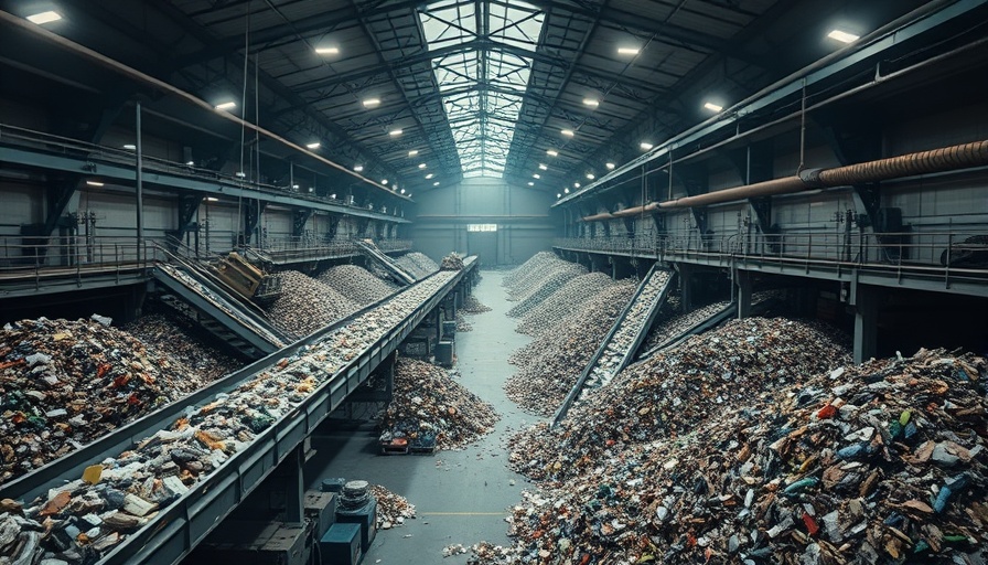 AI recycling facility with conveyor belts and waste piles.