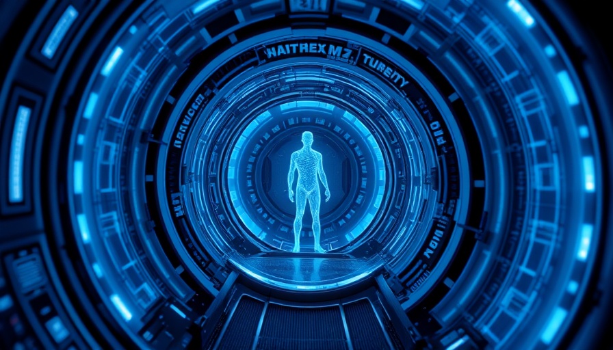 Futuristic chamber with holographic technology in blue light.