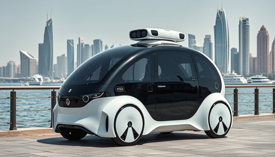 Uber robotaxi parked in Abu Dhabi with city skyline in daylight.