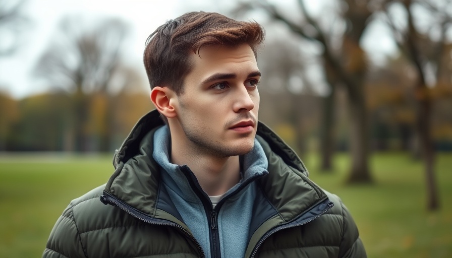 Young man in a green jacket outdoors, soft focus background.