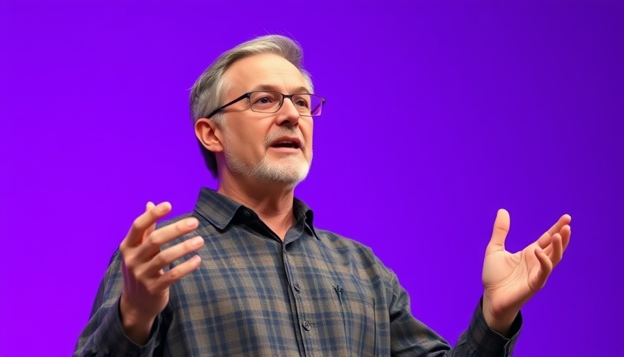 Middle-aged man presenting on stage with purple backdrop, AWS AI