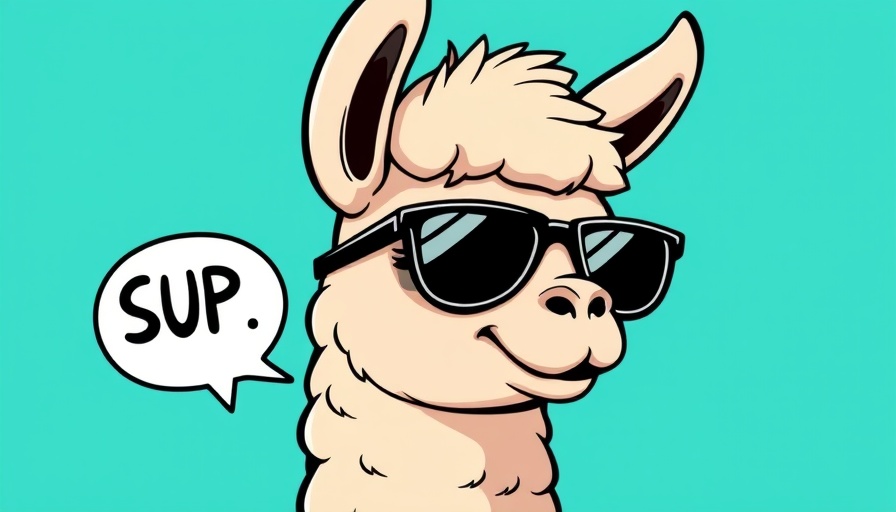 Cartoon llama with sunglasses saying 'SUP.' on a turquoise background, AI education