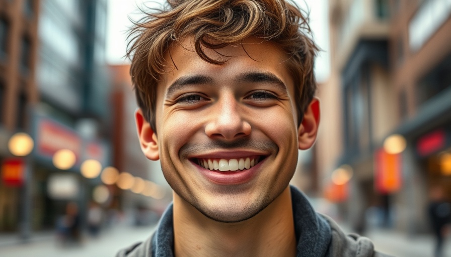 Confident smiling man portrait, urban background, AI funding.