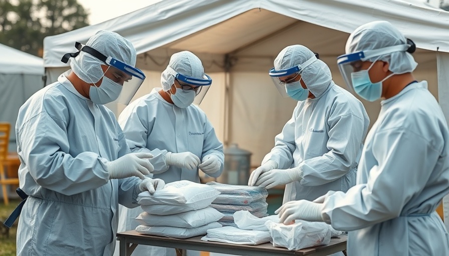 Healthcare workers in protective gear outside a medical tent.