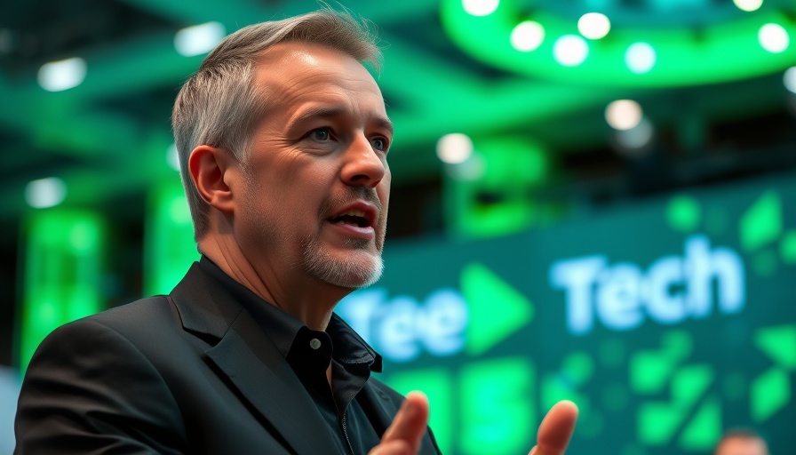 Man in discussion at tech conference on crypto AI leadership.