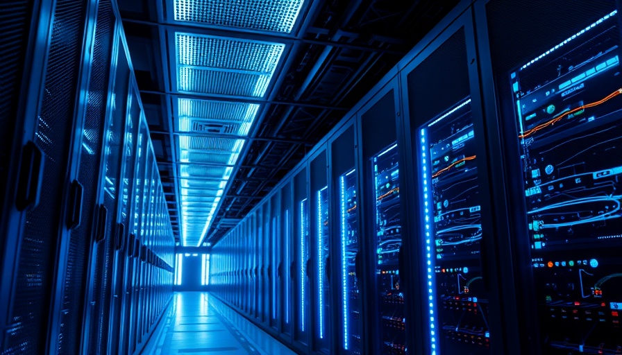 Futuristic data center with blue LED lighting and digital elements.