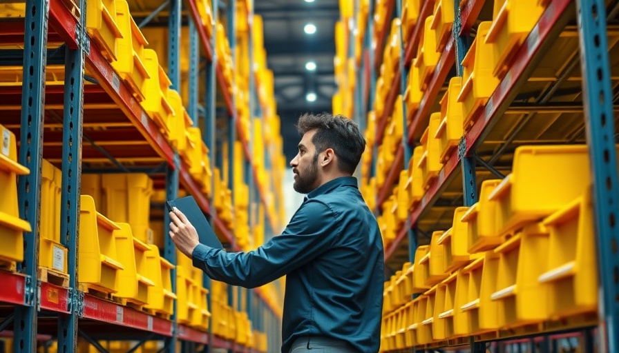 Warehouse logistics worker organizing shelves, bright environment.