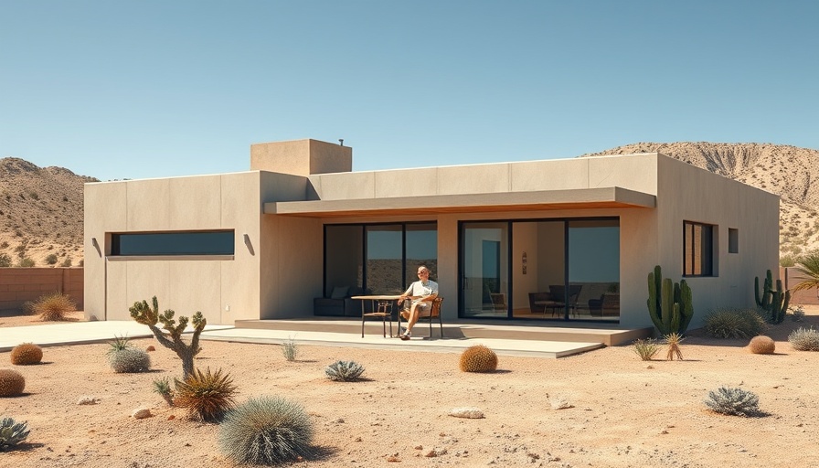 Lucid Gravity modern desert house exterior with man relaxing outside.