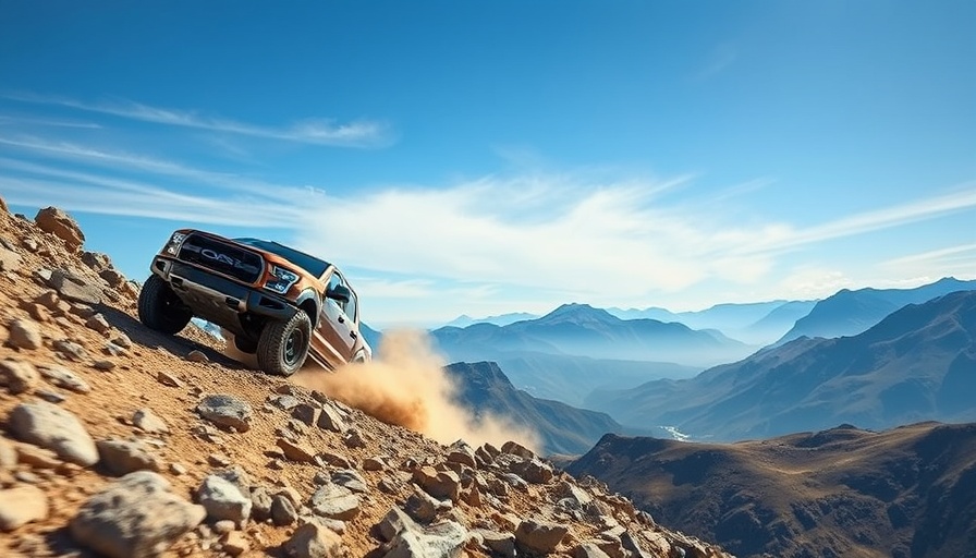 Dynamic pickup truck on rocky terrain highlighting EV battery cost.