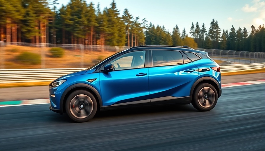Blue electric SUV speeding on a racetrack, EV charging concept.