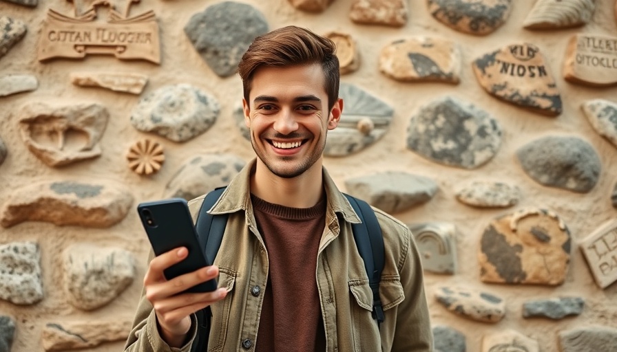 Young man holding phone, AI challenge theme, smiling.