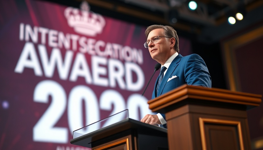 Distinguished speaker at awards ceremony depicting media relations.
