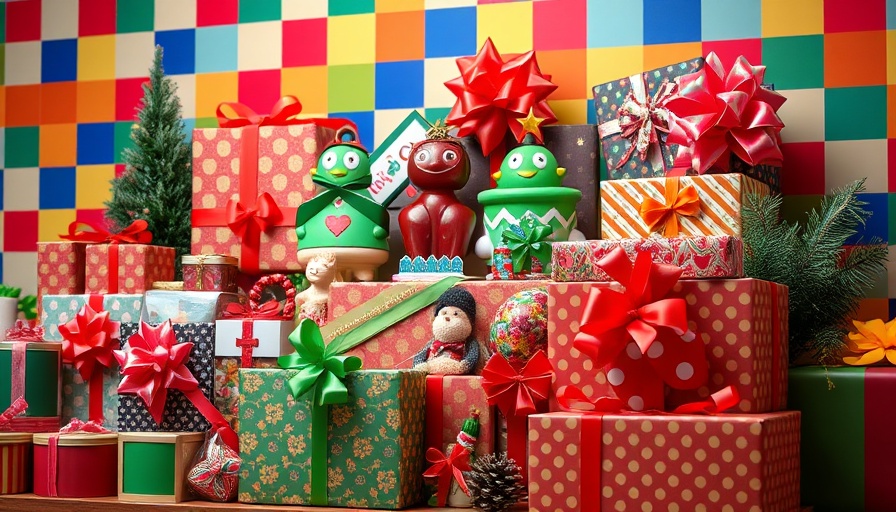 Colorful holiday gift guide display featuring eclectic items.