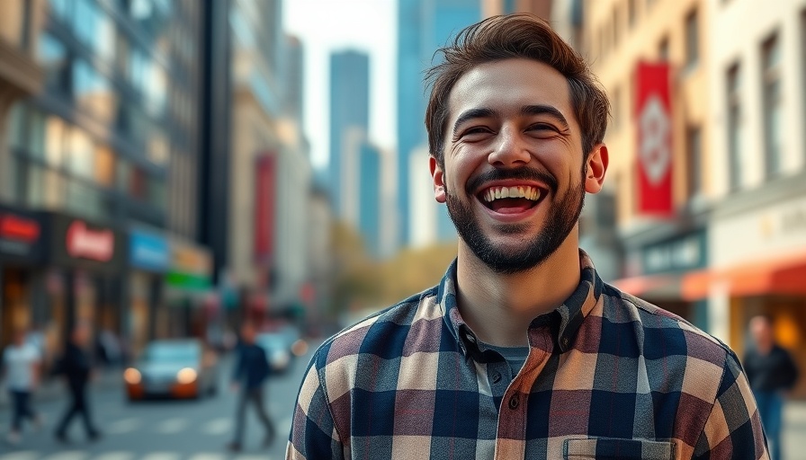 Smiling man outdoors, vibrant cityscape backdrop