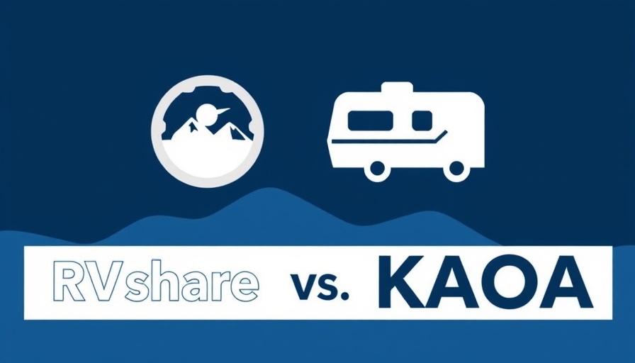 RV rentals comparison graphic: RVshare vs KOA on blue topographic background