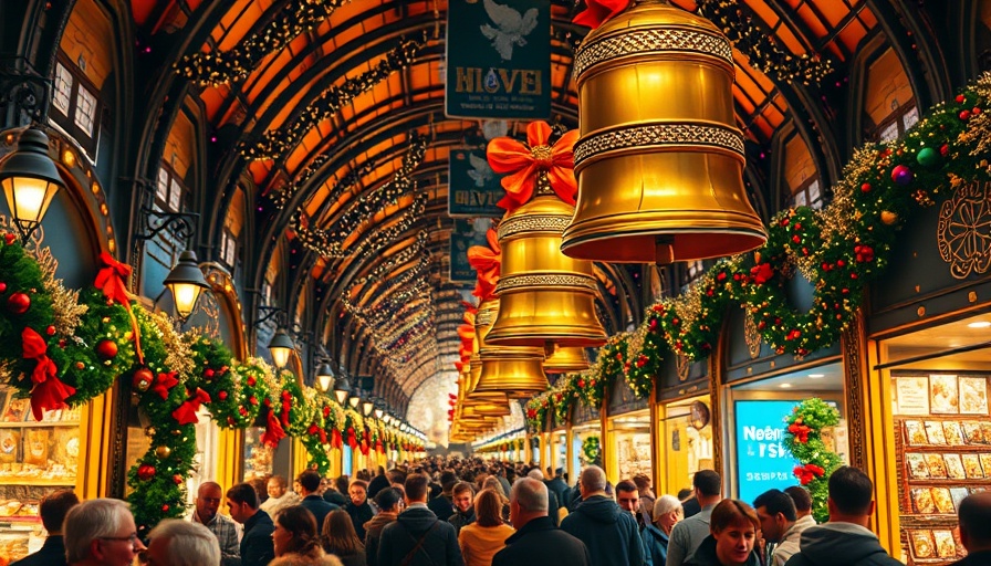 AI gift recommender at a festive holiday market, bells and lights.