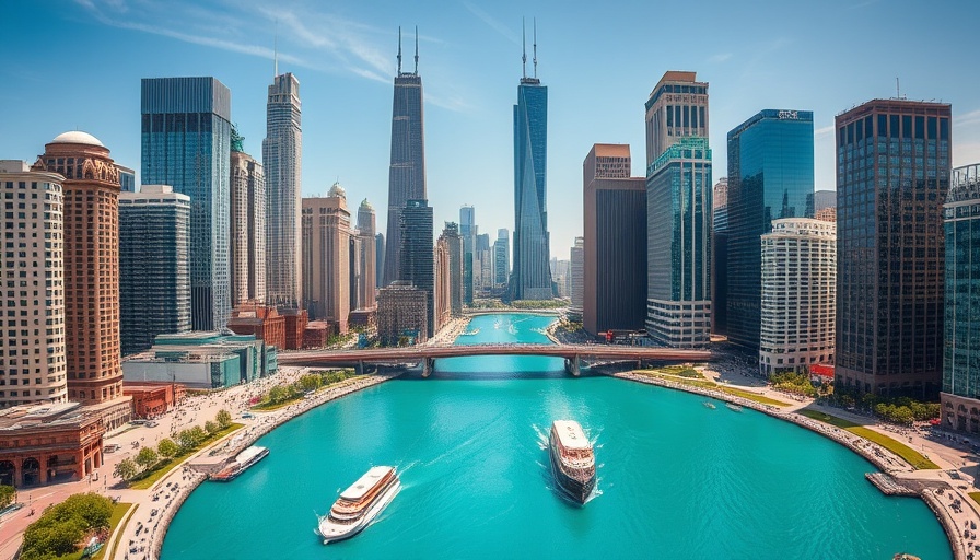 Vibrant Chicago cityscape with river and skyscrapers.