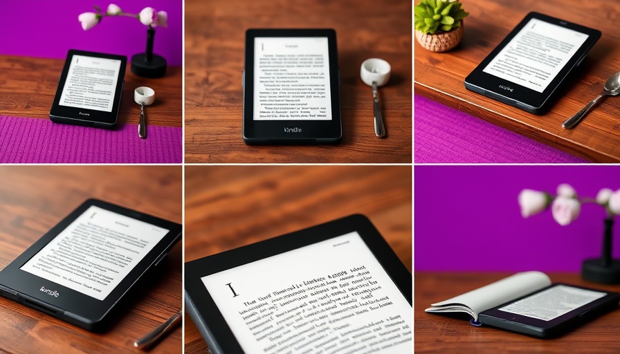 Kindle Scribe Review images on wooden table with purple background.