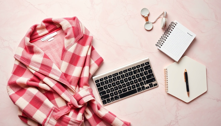 Remote work gifts: plaid robe, keyboard, organizer on pink background.