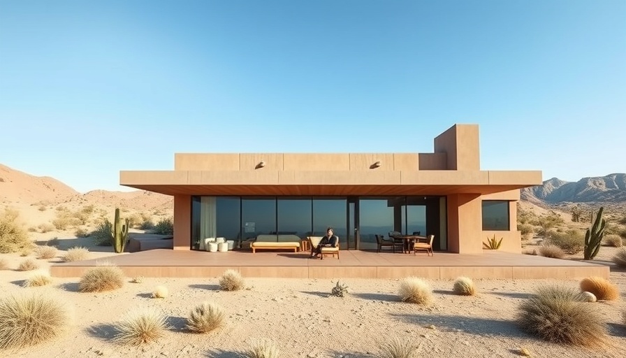 Modern desert home with outdoor deck and desert plants in sunlight.
