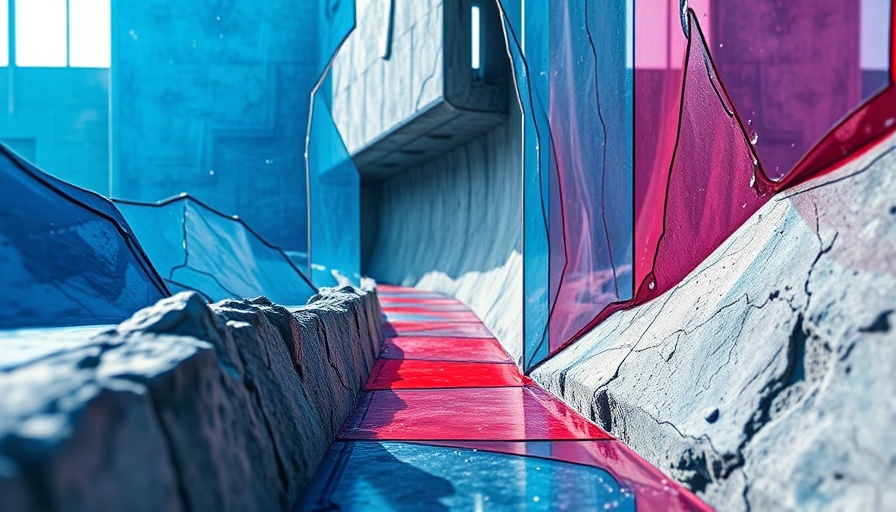 Abstract representation of AI strategy with glass pathways breaking concrete.