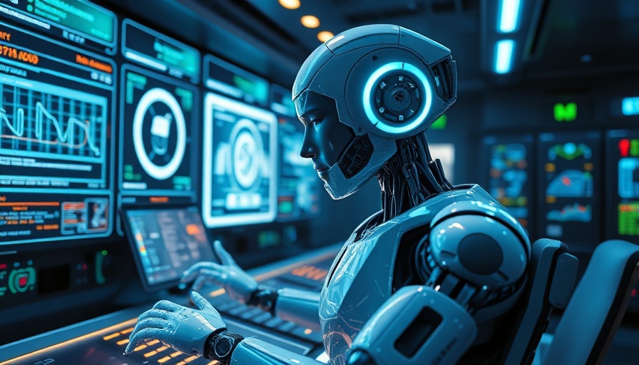 Futuristic AI robot in high-tech control room with glowing screens.