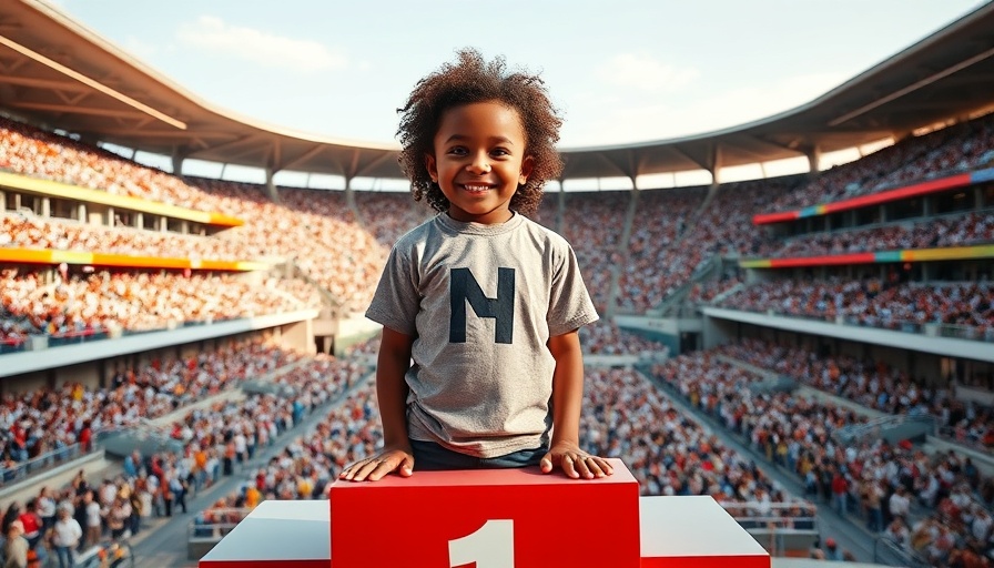 Child on first-place podium at crowded stadium, ML optimization.