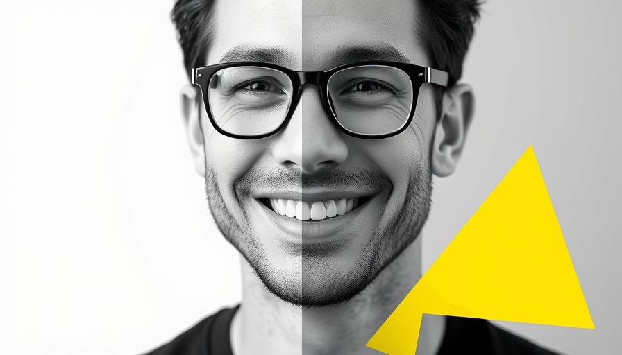 Modern portrait of a man with geometric overlays and black-white contrast.