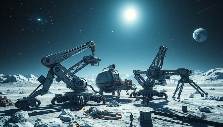 Futuristic lunar robots constructing on moon, Earth in background.