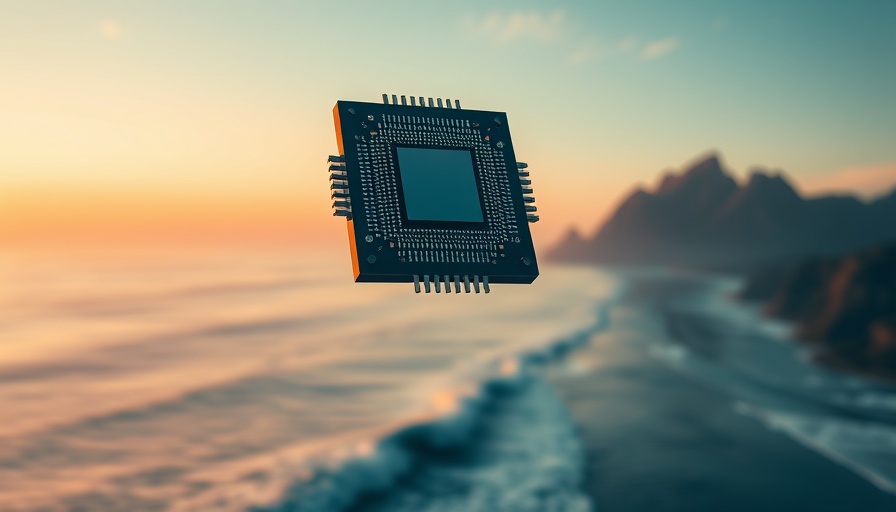Futuristic quantum computing chip over scenic coastal landscape.