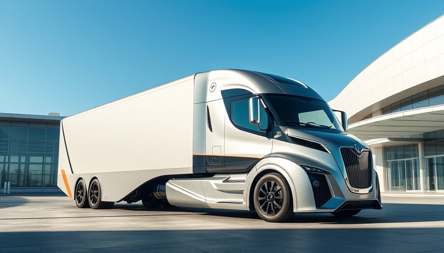 Futuristic hydrogen truck at exhibition under clear sky.
