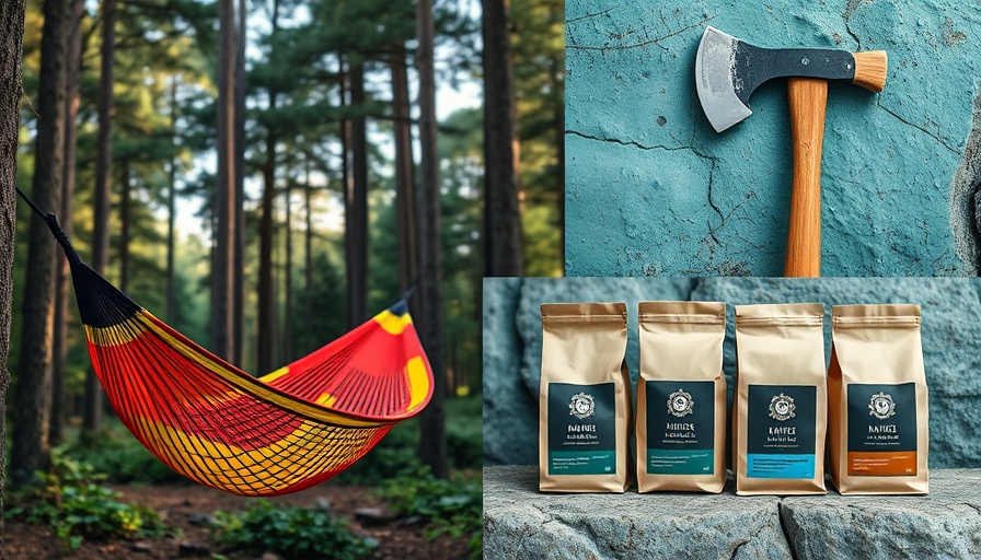 Collage of hiking gifts: hammock, axe, coffee bags on teal texture.