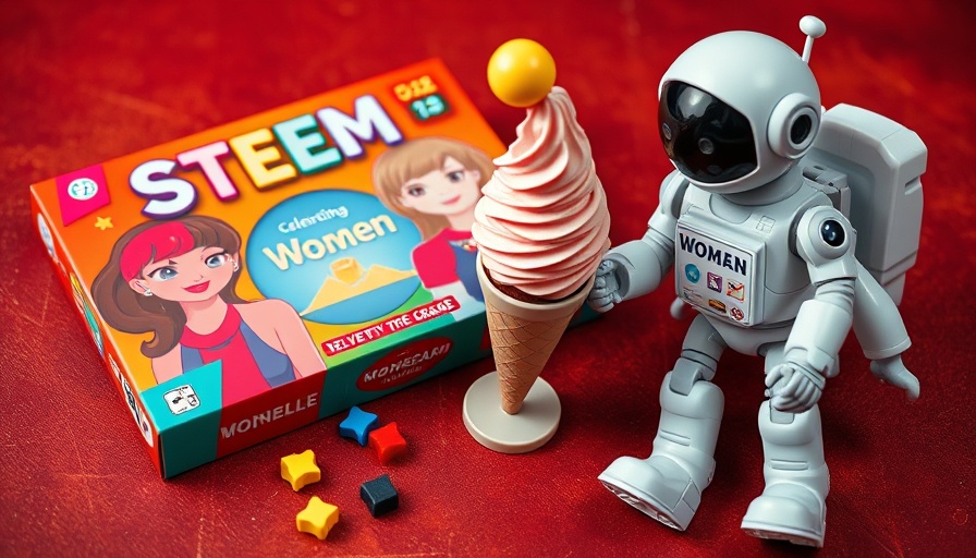 STEM toys including game, astronaut ice cream, and robot on textured surface.