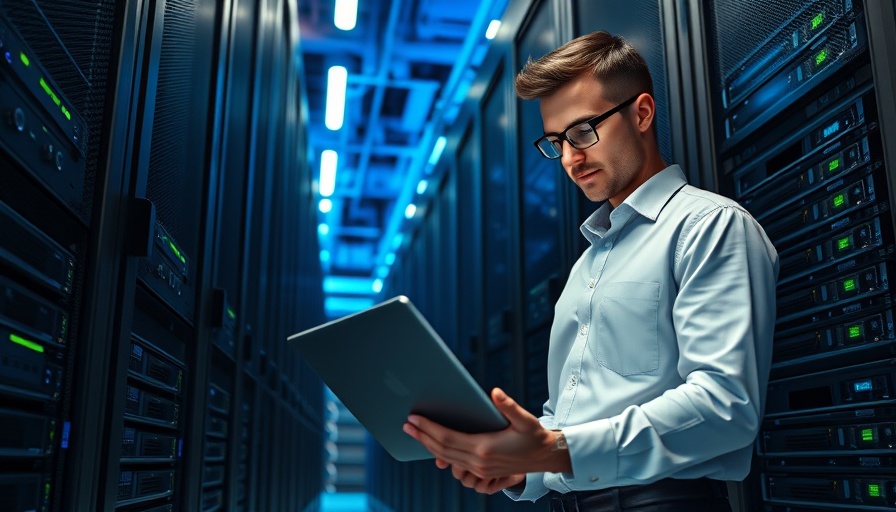 Professional examining laptop in IBM optics server room, blue lighting.