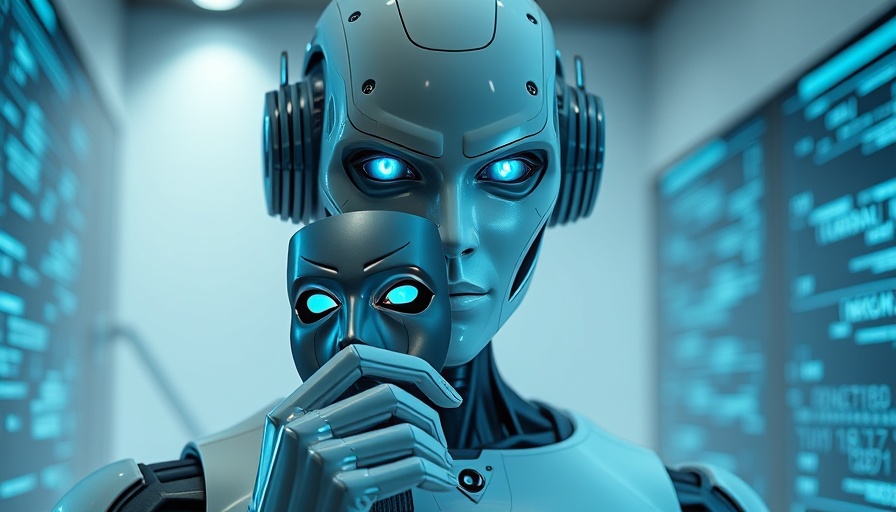 Intriguing AI deception concept with robot and mask in digital space.