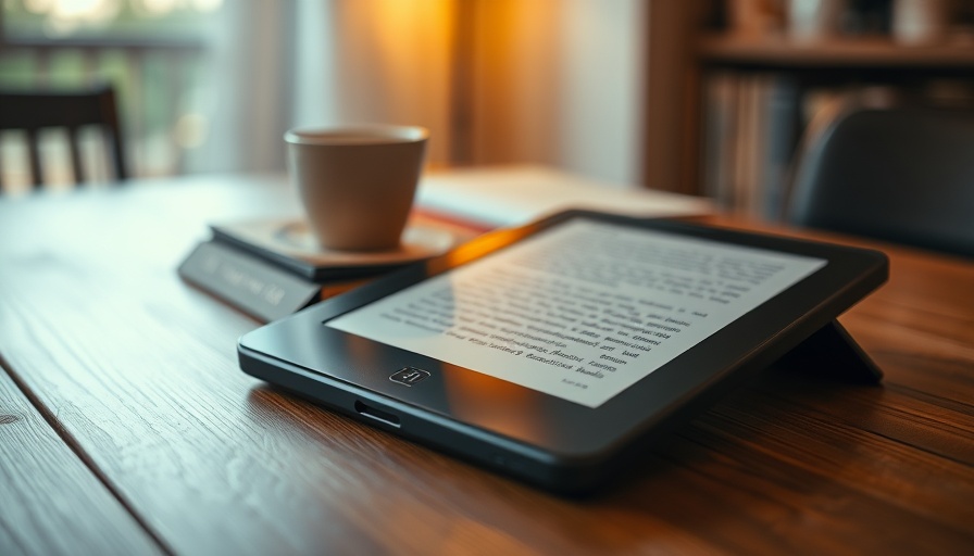 Kindle Scribe AI device on wooden table with warm light.