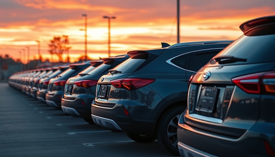 Modern SUVs at sunset in dealership lot, automotive lending scene.