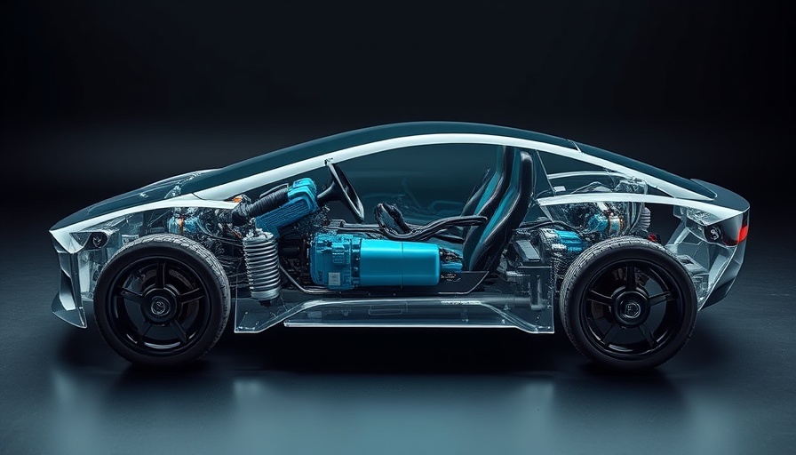 Futuristic electric bus chassis highlighting engine components.