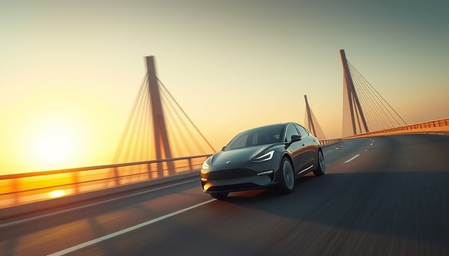 Sleek electric vehicle on bridge at sunrise, showcasing modern design.