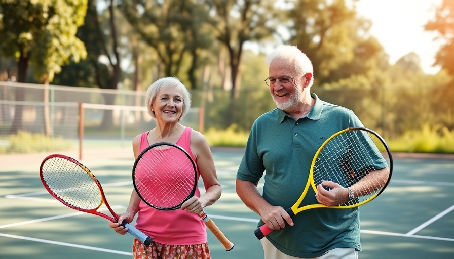 Happy older couple on tennis court embracing, 50+ tech adoption concept.