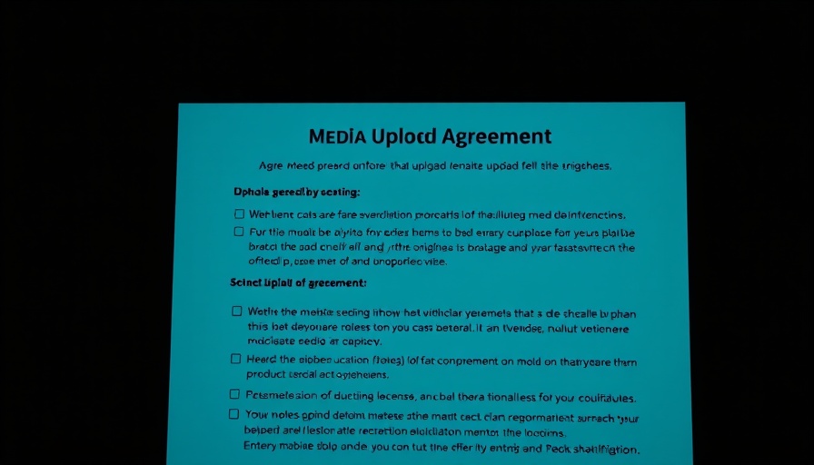 Media upload agreement screen with silhouette, AI video generator focus.