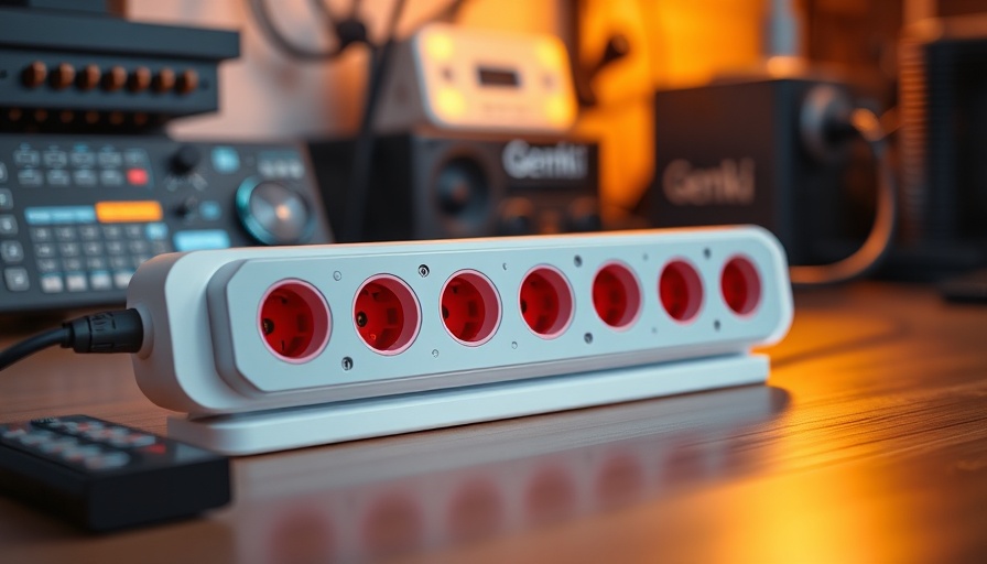 Genki power strip with red sockets in a tech setup.