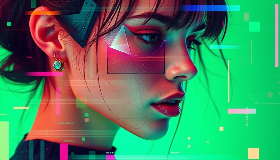 Double exposure cyber art of a young woman with glitch effects.