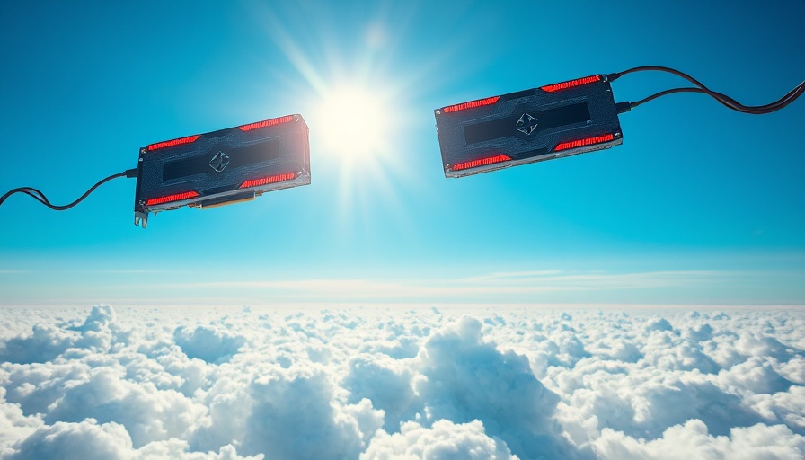 Futuristic GPUs floating in sky, bright and dynamic scene, GPU marketplace.