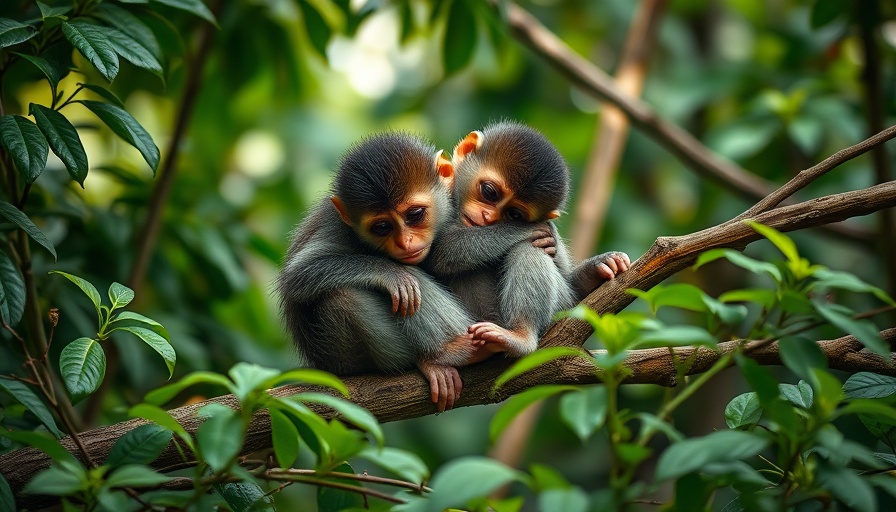 Sleeping monkeys in vibrant forest; relaxing nature scene.