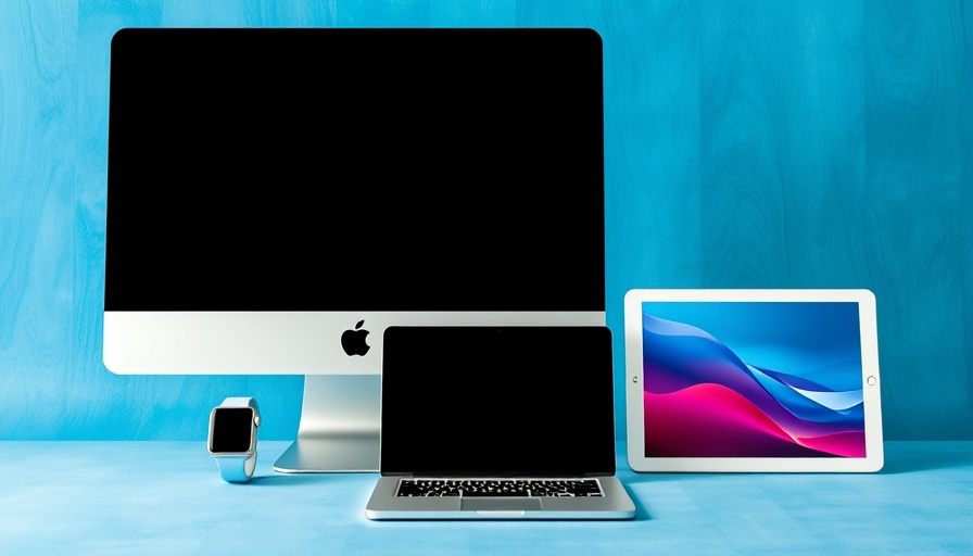 Apple discounts: iMac, Watch, MacBook, iPad on blue backdrop.