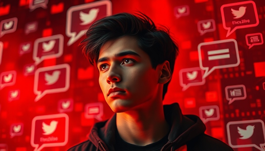 Young man immersed in digital internet fandom concept, chat bubbles.
