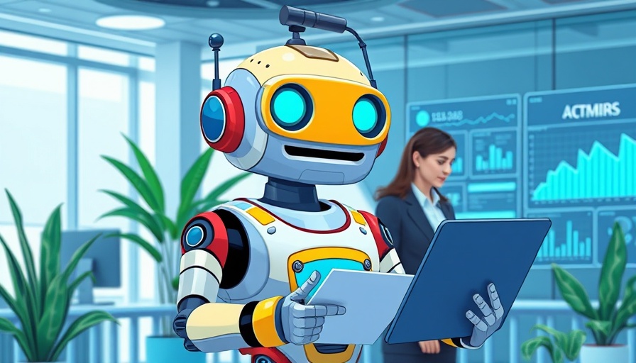 Illustration of AI regulation with robot and data analysis in an office.