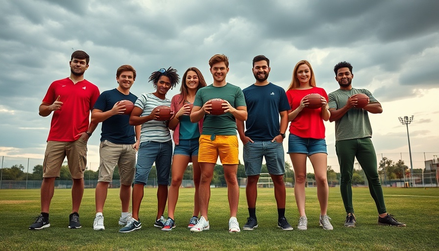 Group of people on sports field with footballs, dramatic sky